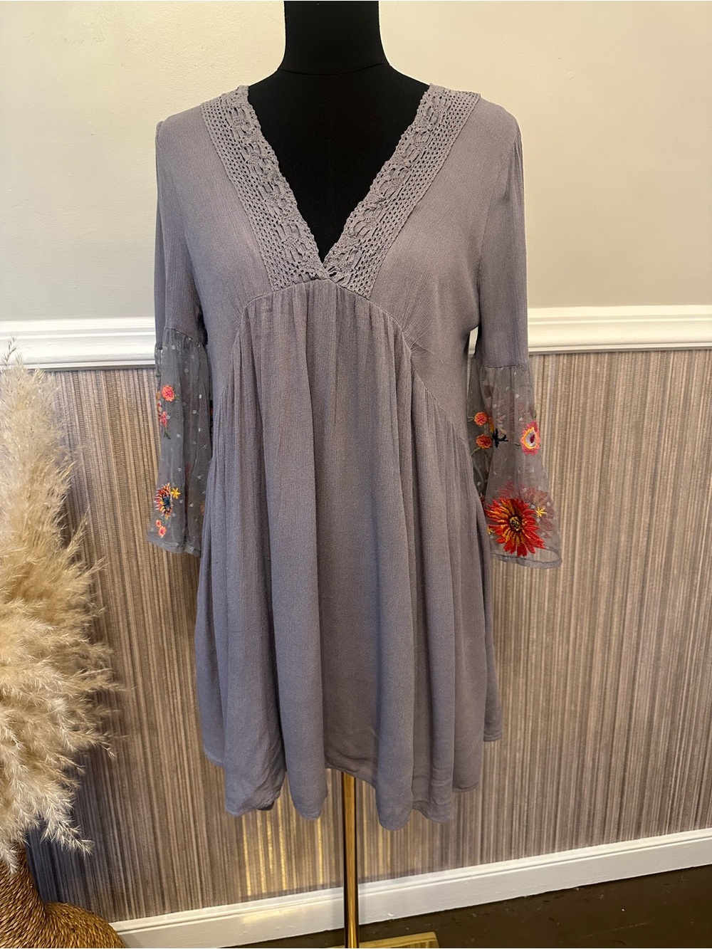 Umgee Gray Embroidered Mesh Sleeve Babydoll Tunic Dress Boho Medium